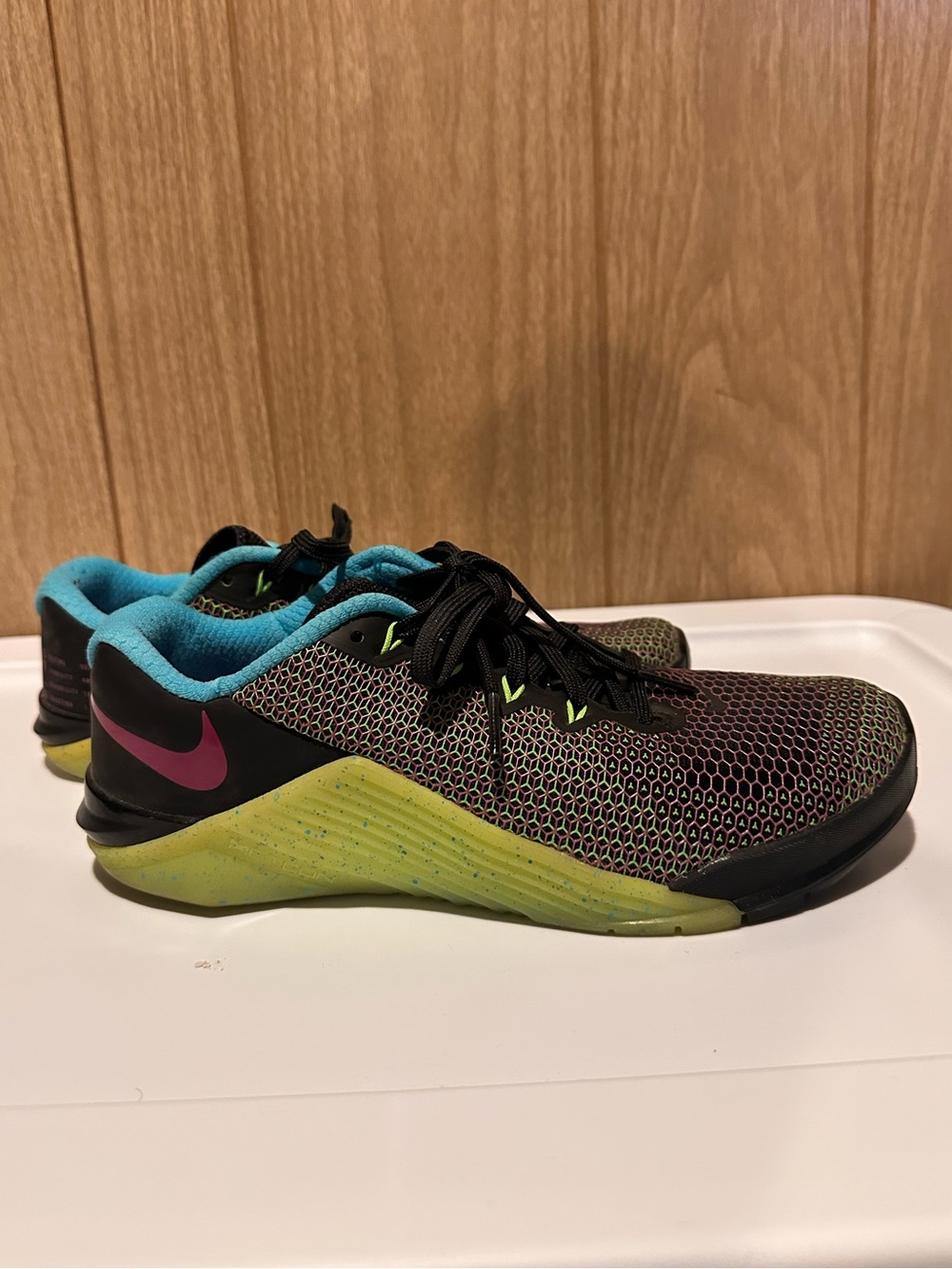 Nike Black Mesh Training Shoes with Neon Yellow Midsole and Pink Swoosh